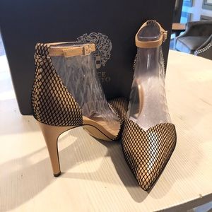 Vince Camuto Gold and Black Mesh Pointed-Toe Ankle-Strap Heels